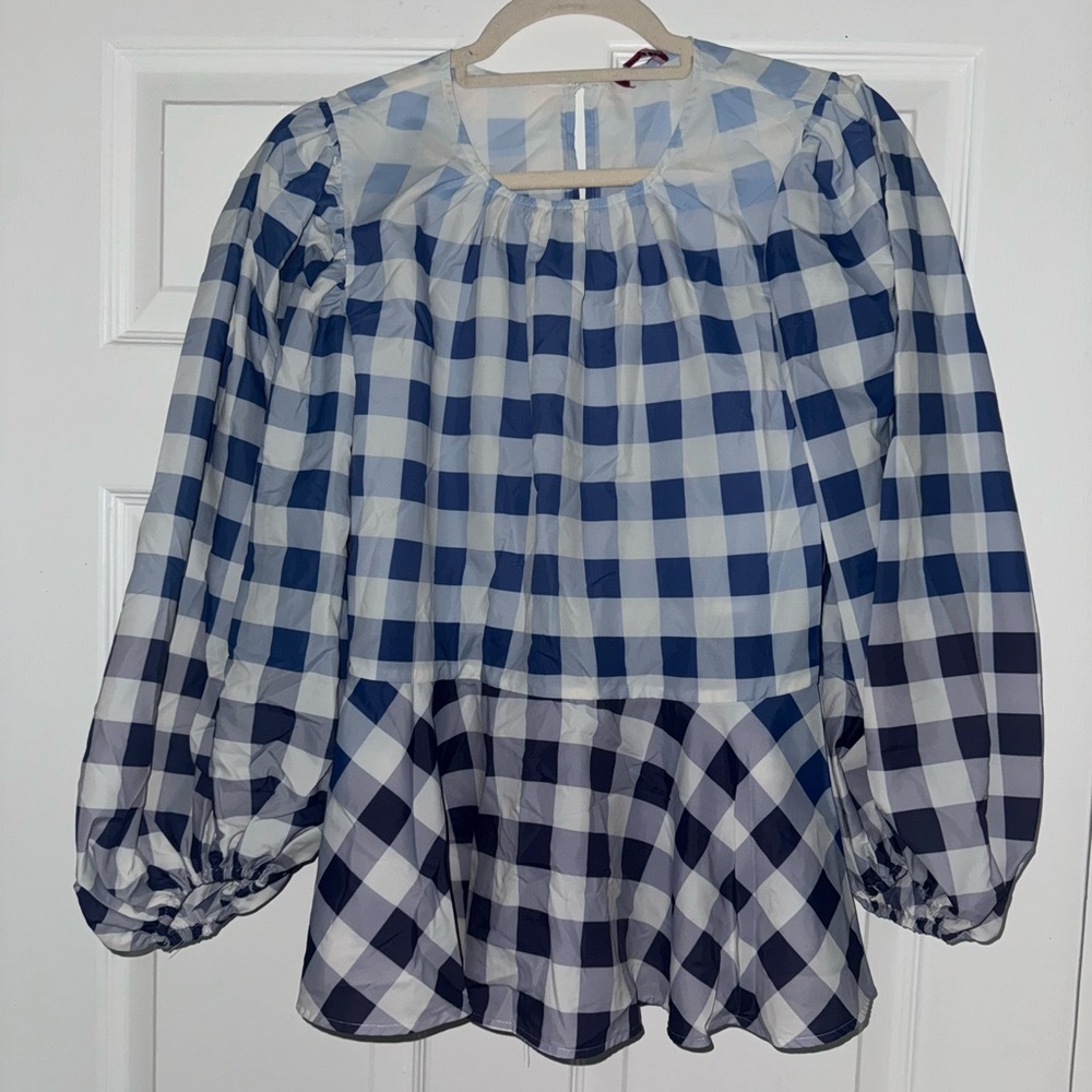 Blue and White Checkered Women's Top Staud peplum style